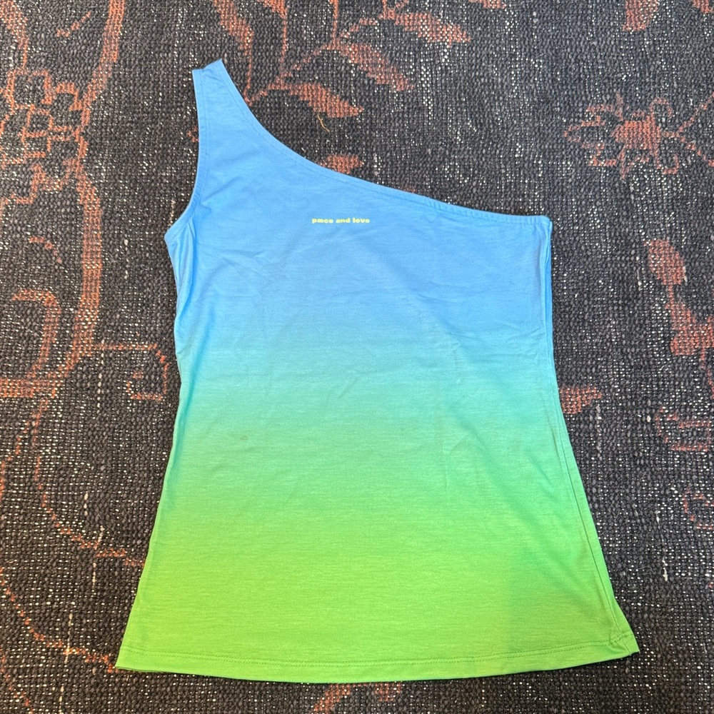 Vibrant Blue and Green Gradient One-Shoulder Tank Top. Peace and love. Mirae (S)